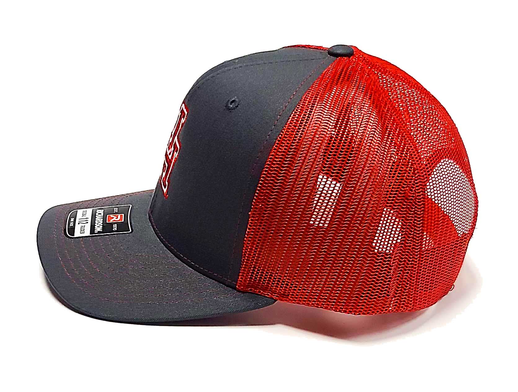 U of H Charcoal and Red Richardson 112 Trucker cap side view