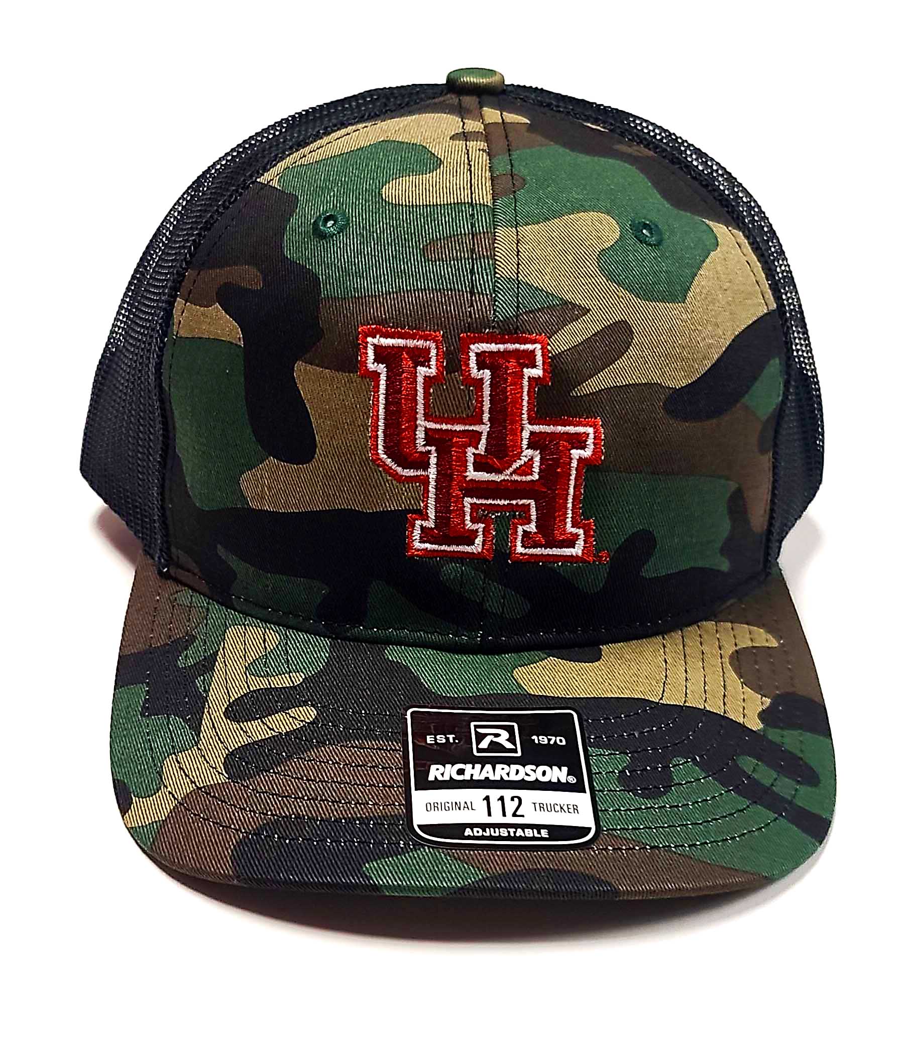 U of H camo and black Richardson 112 Trucker cap front view