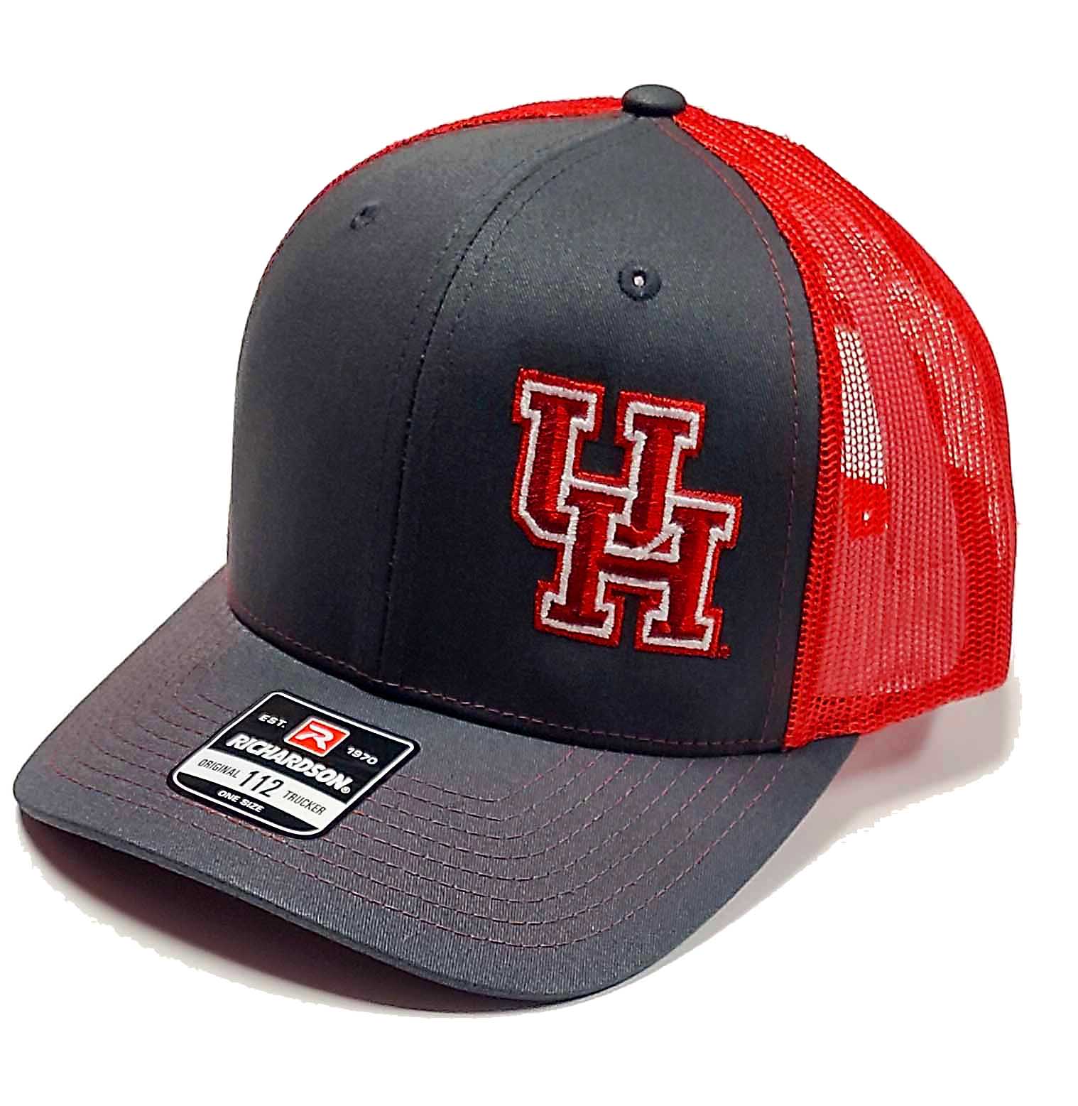 U of H Charcoal and red Richardson 112 Trucker Cap quarter view